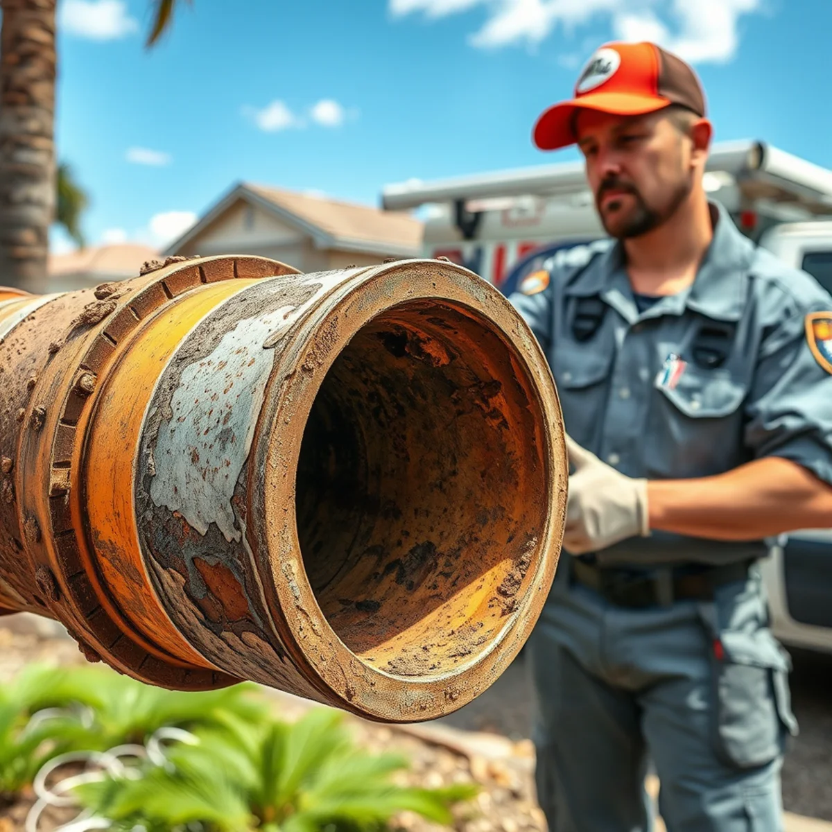 Corroded and scaled cast iron drain pipe cut open from an older South Florida home