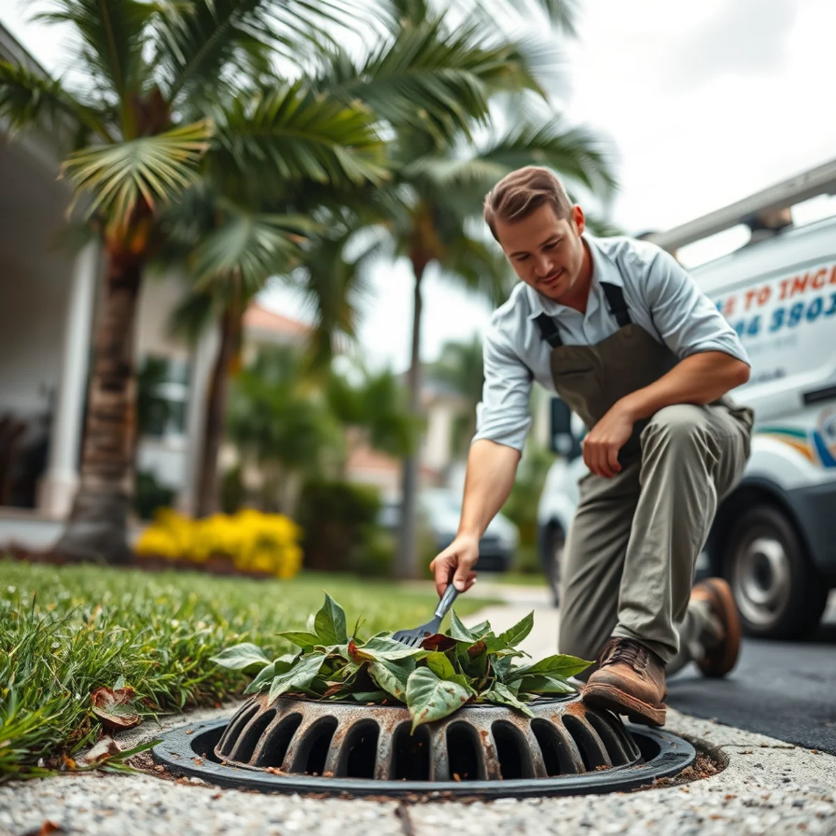 Homeowner preparing yard drains before hurricane season in South Florida