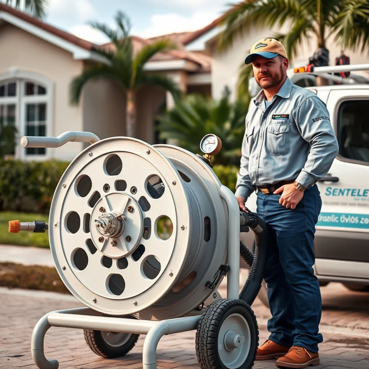 Hydro jetting equipment cleaning a sewer line at a Palm Beach County home