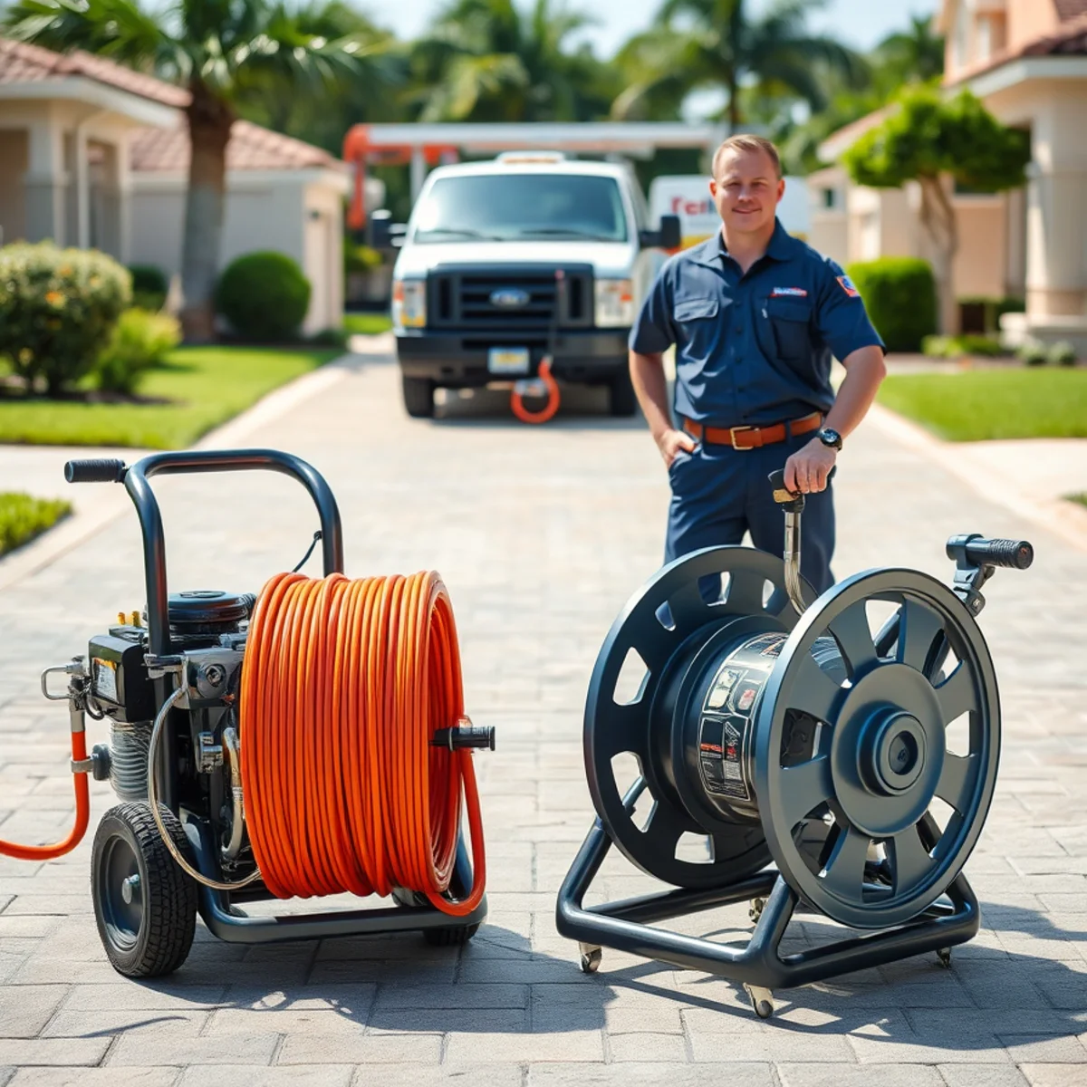 Comparison of a drain snake cable and a hydro jetting nozzle used in South Florida