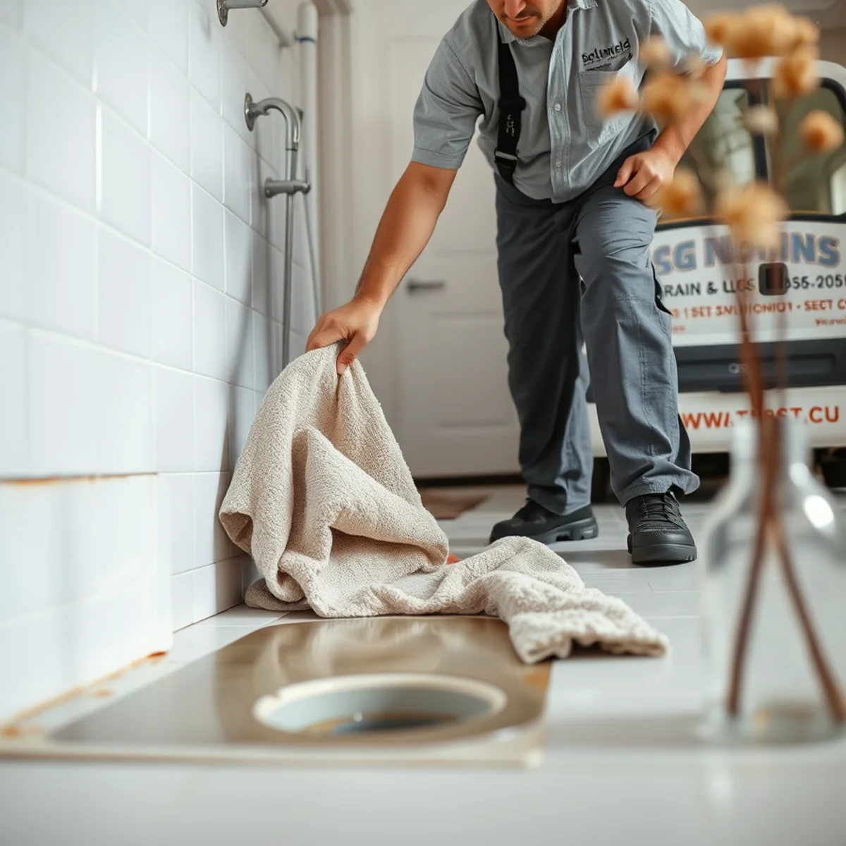 Homeowner safely containing a shower drain backup with towels