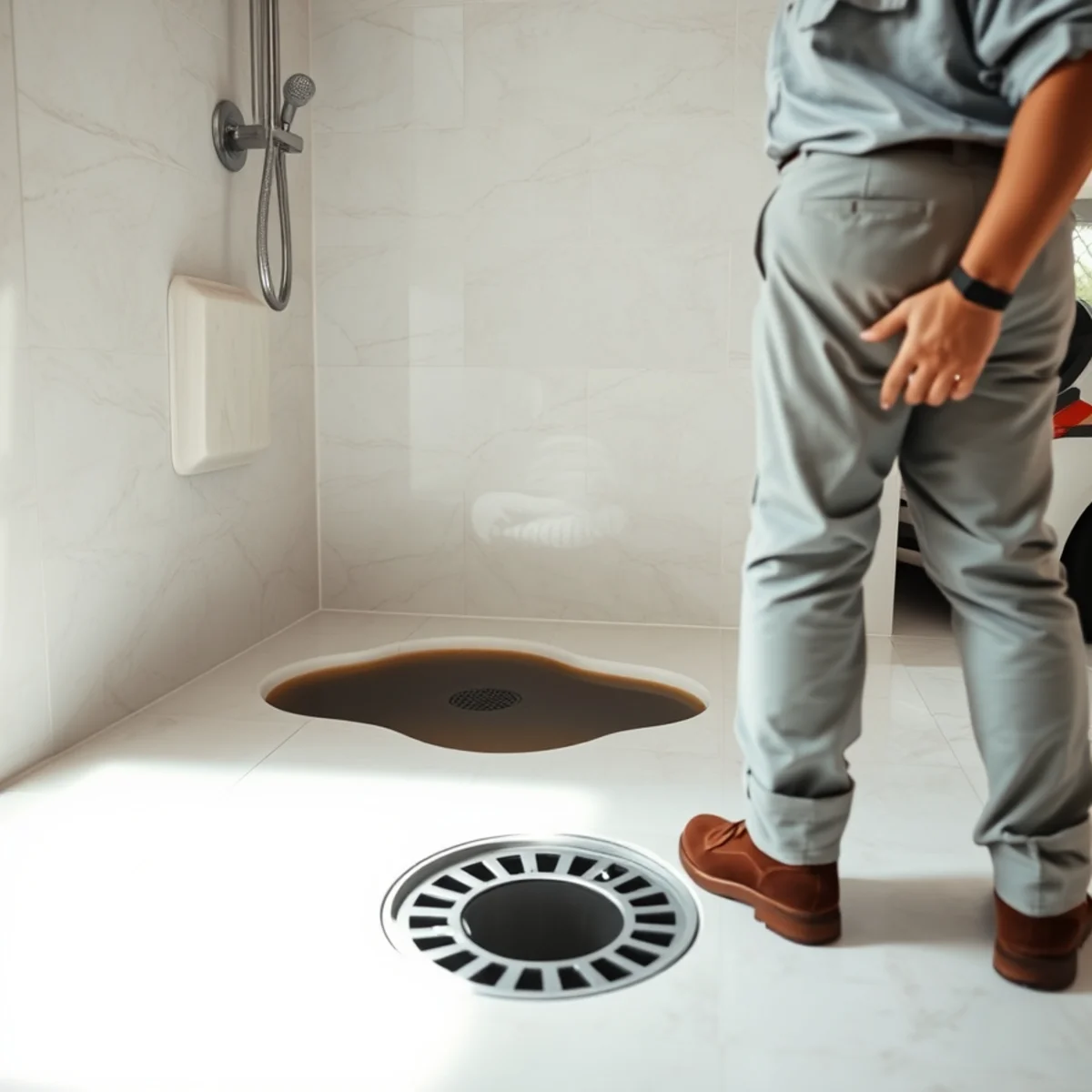 Wastewater backing up into a shower drain in a Boca Raton, Florida bathroom