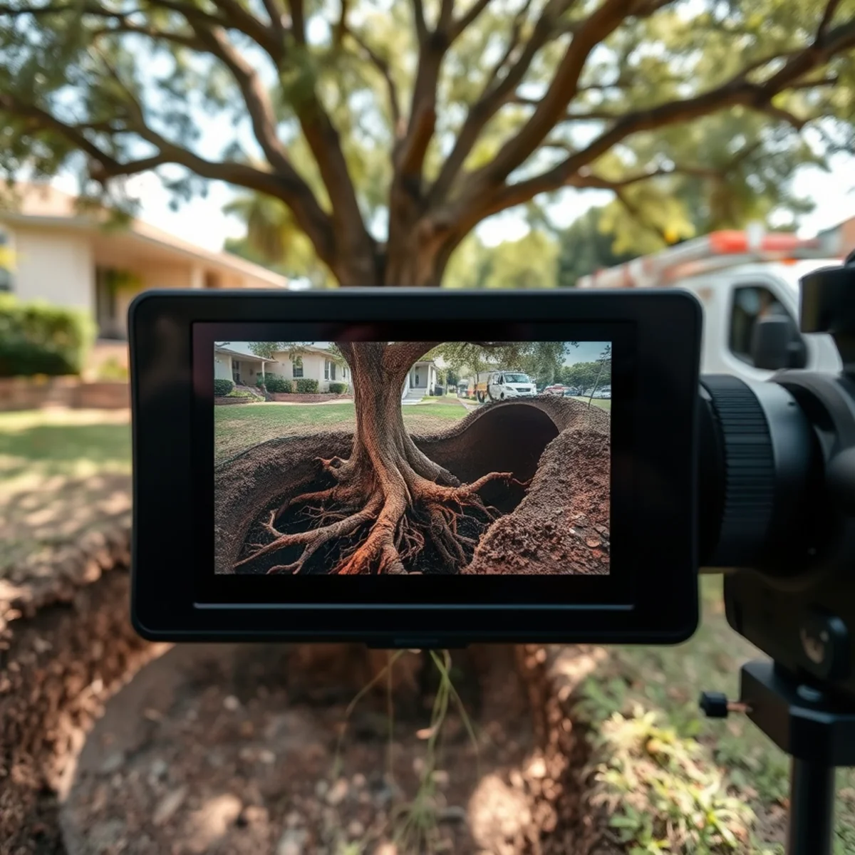 Tree roots intruding into a cracked sewer line in a South Florida yard