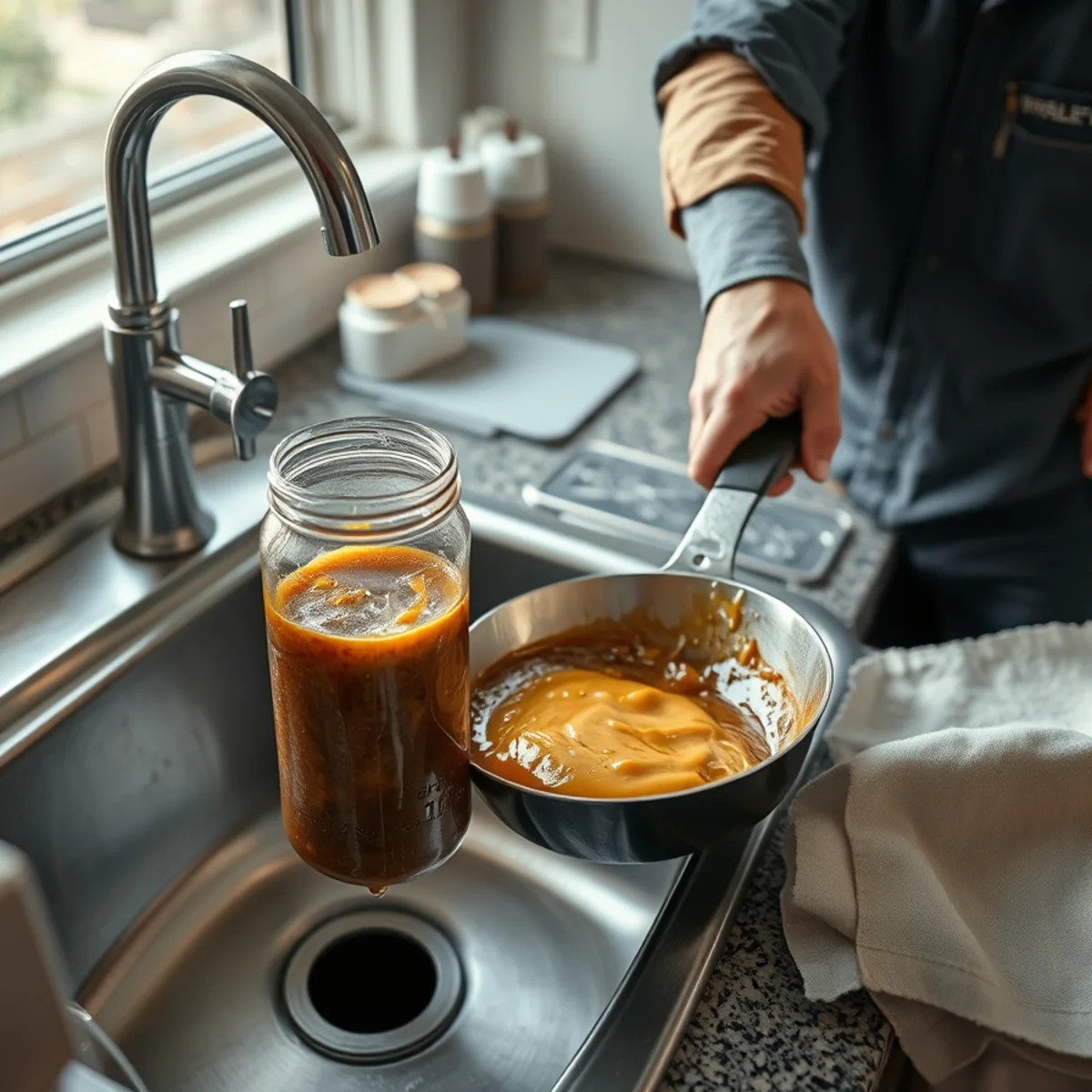 Cooking grease and oil being poured into a jar instead of a kitchen drain
