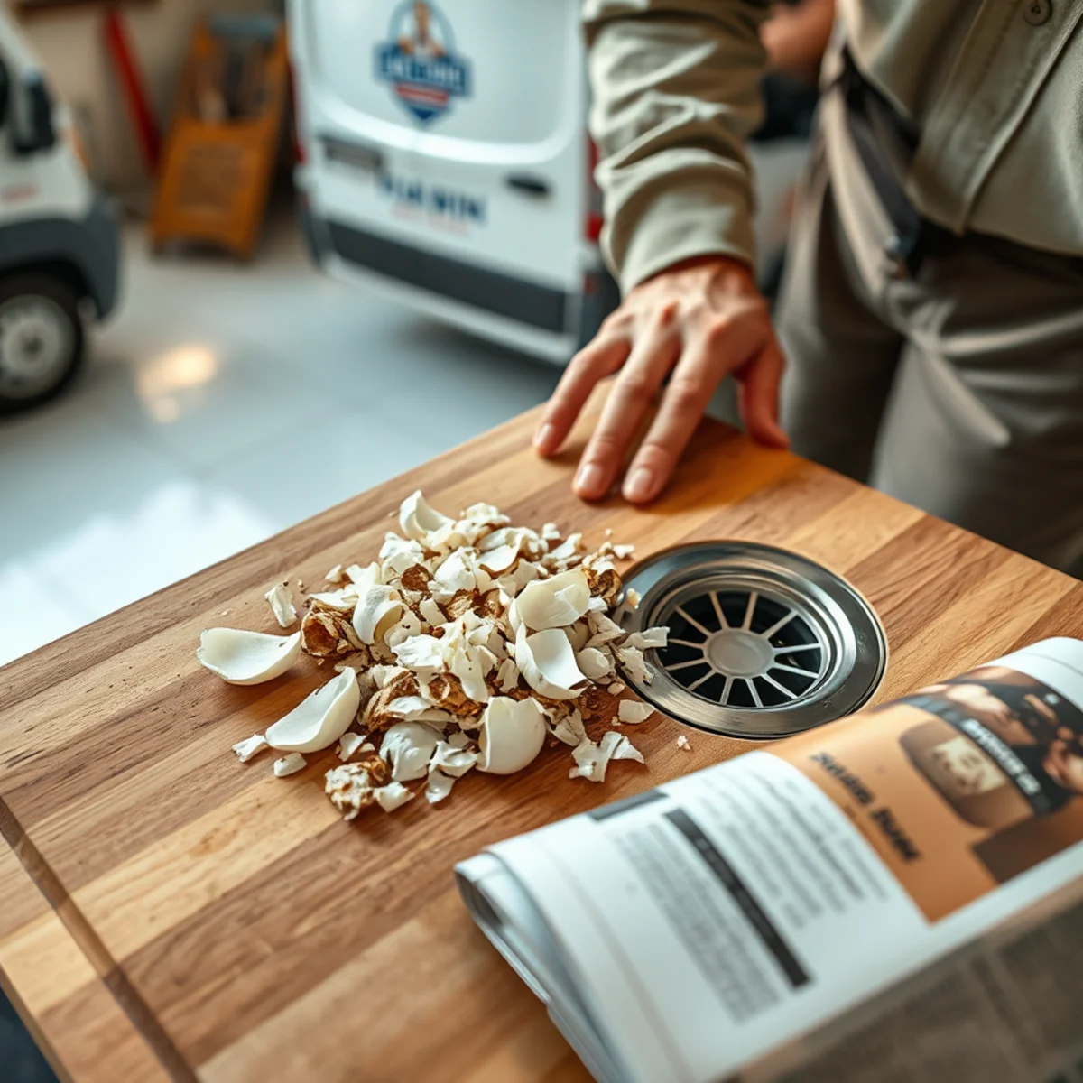 Eggshells and hard food scraps beside a kitchen sink drain