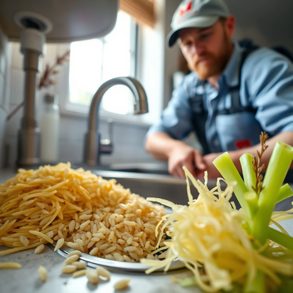 Starchy and fibrous food scraps that swell inside drain pipes