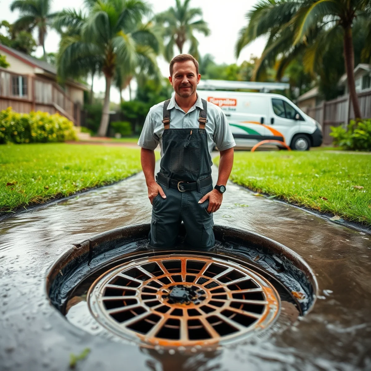 Flooded backyard with standing water after heavy rain in South Florida
