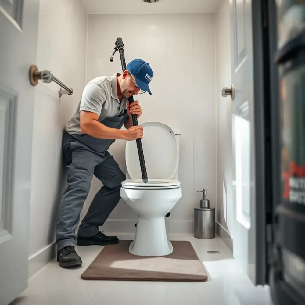 Plumber clearing a clogged toilet in a Boca Raton bathroom