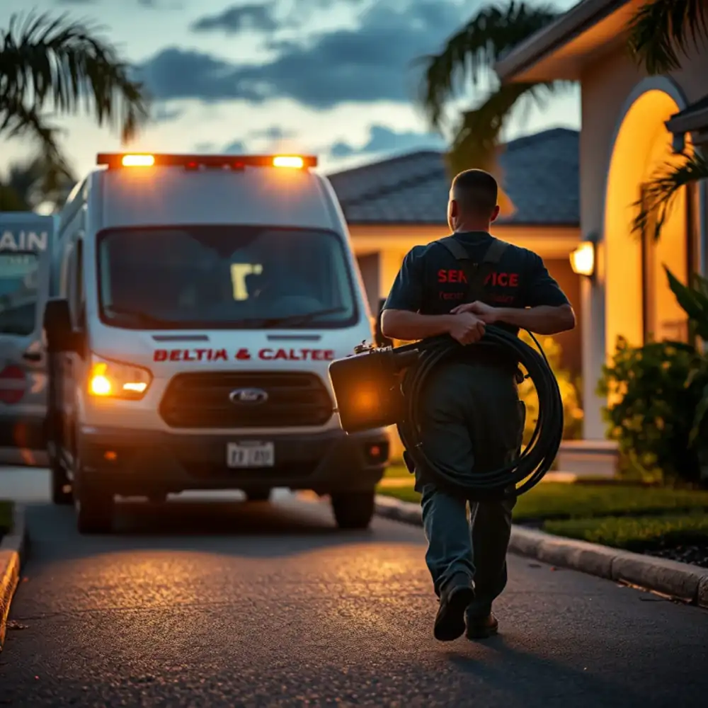 Emergency drain service van arriving at a Boca Raton home at night