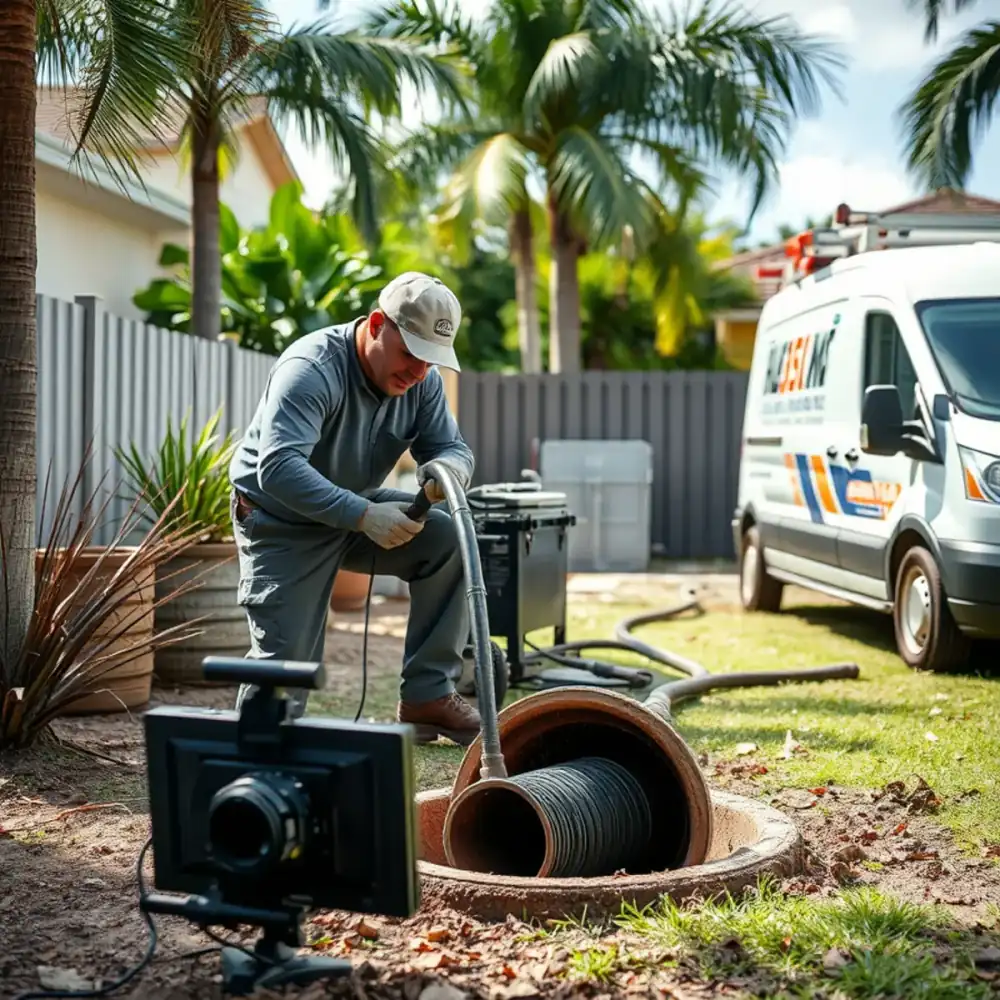Technician clearing a main sewer line clog through an exterior cleanout in Boca Raton