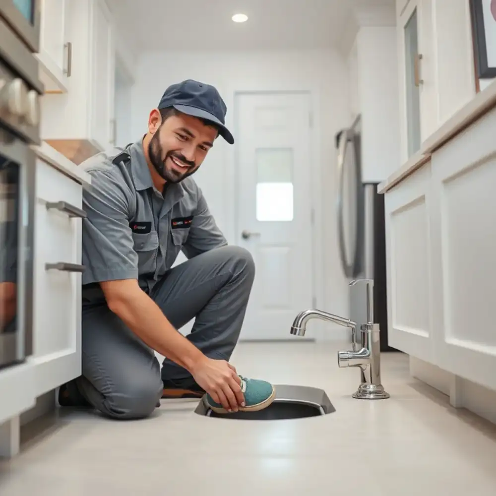 Technician cleaning a residential kitchen sink drain in a Boca Raton home