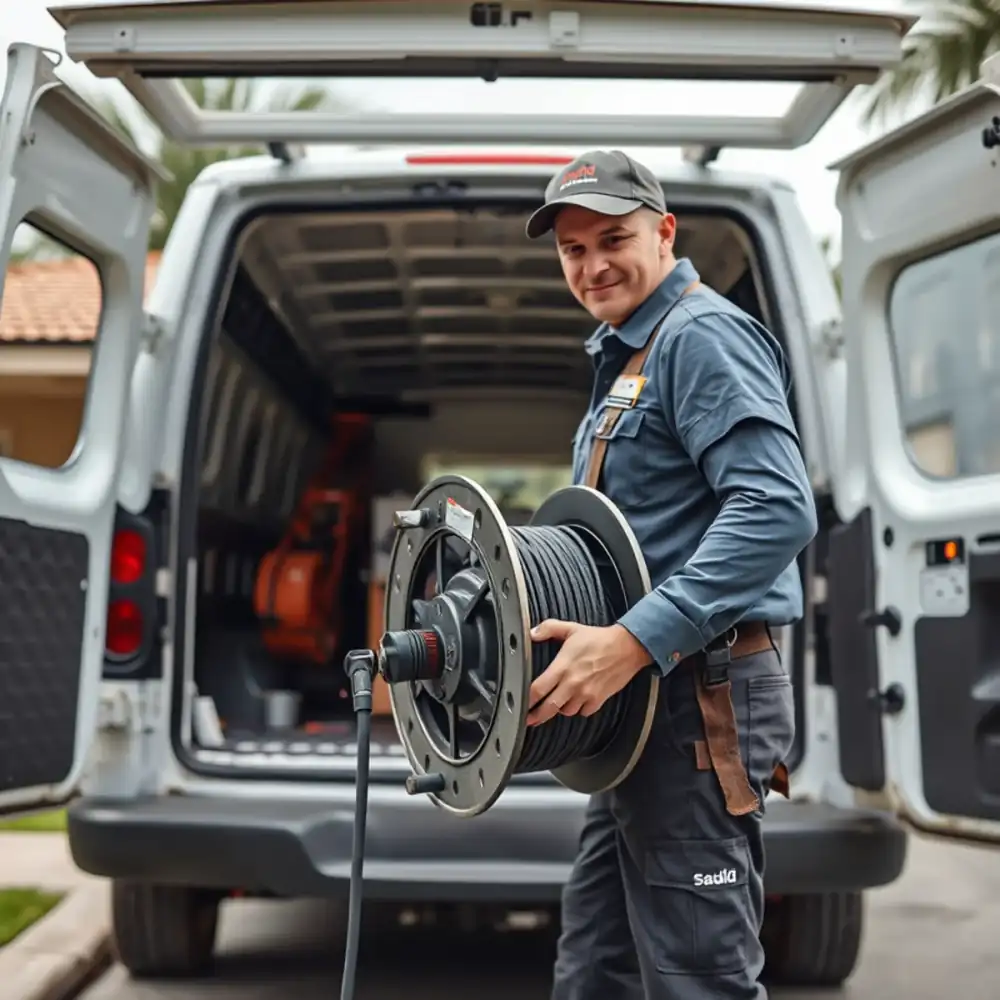 Drain cleaning technician working on a townhome lateral in Coconut Creek, FL