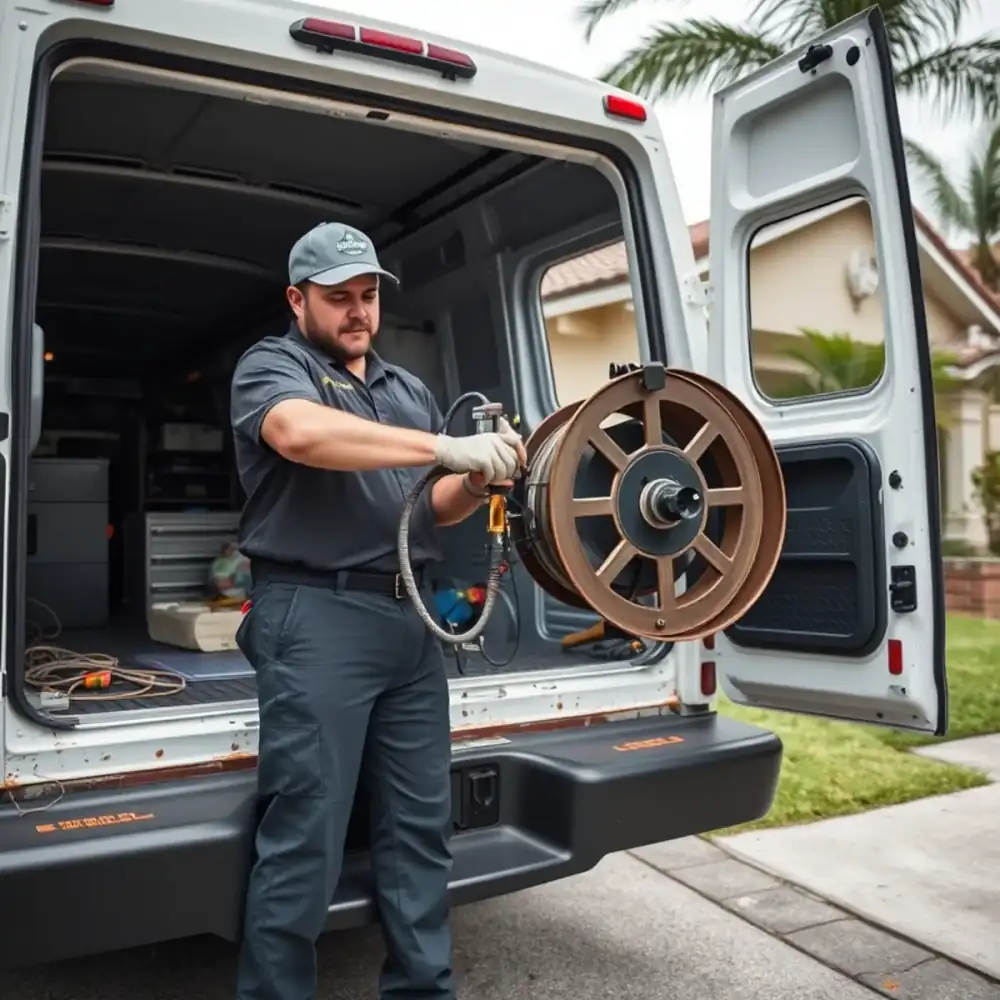 Drain cleaning technician clearing a kitchen line in Coral Springs, FL