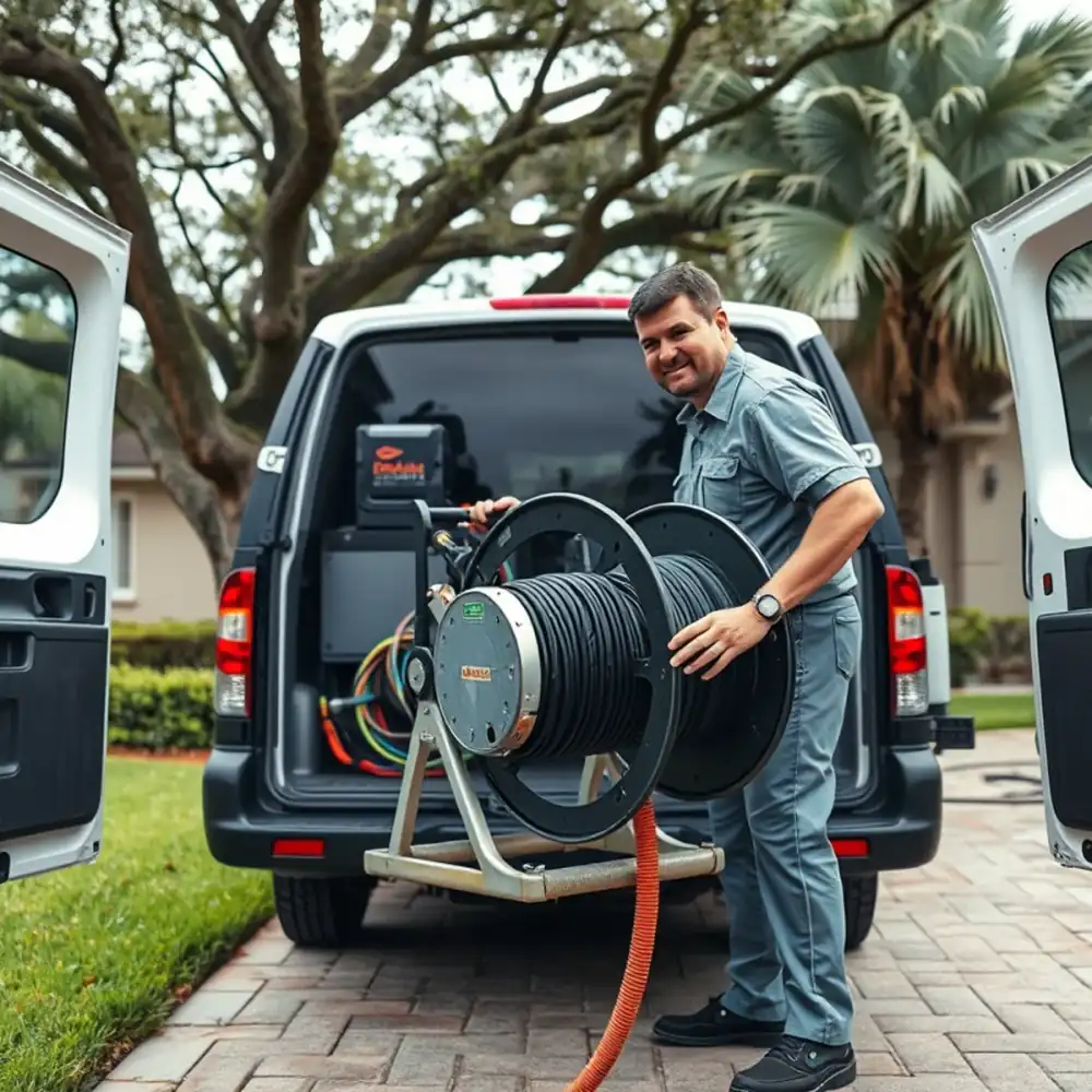 Drain cleaning technician cutting roots from a lateral in Gulf Stream, FL