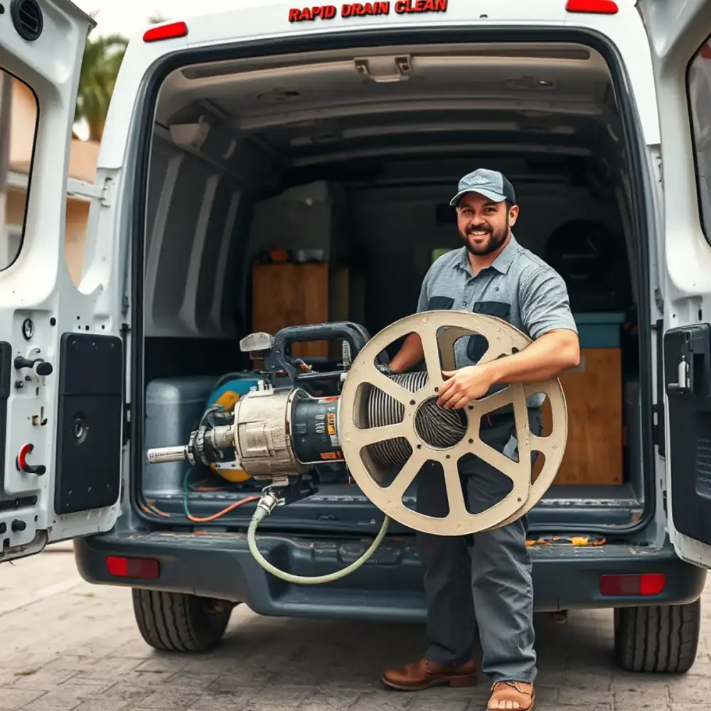 Drain cleaning technician servicing a long lateral in Hillsboro Beach, FL