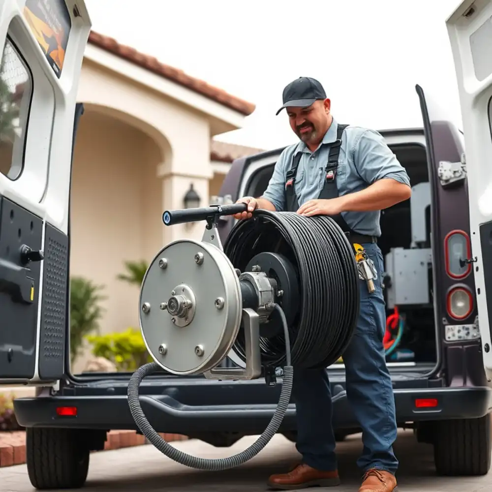 Drain cleaning technician jetting a villa line in Tamarac, FL