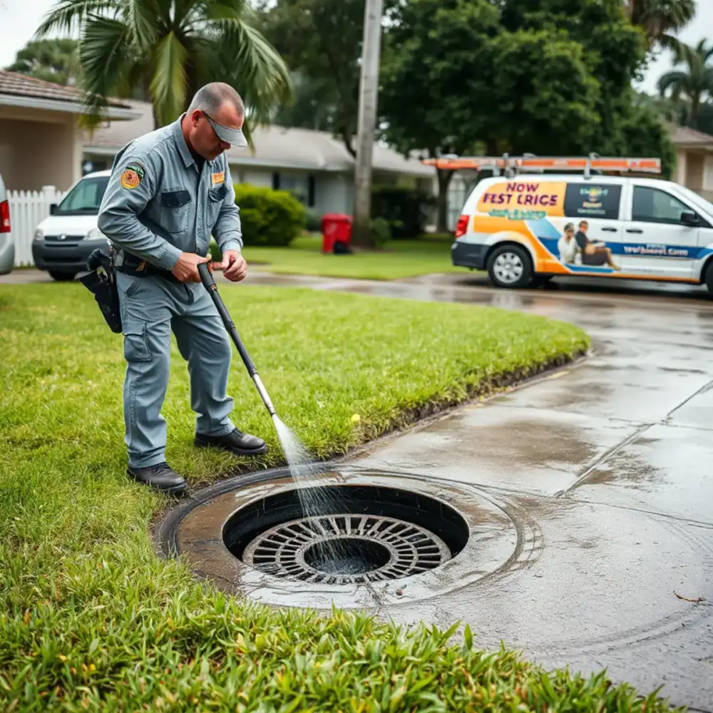 Flooded yard drain being cleared at a Boca Raton home after heavy rain