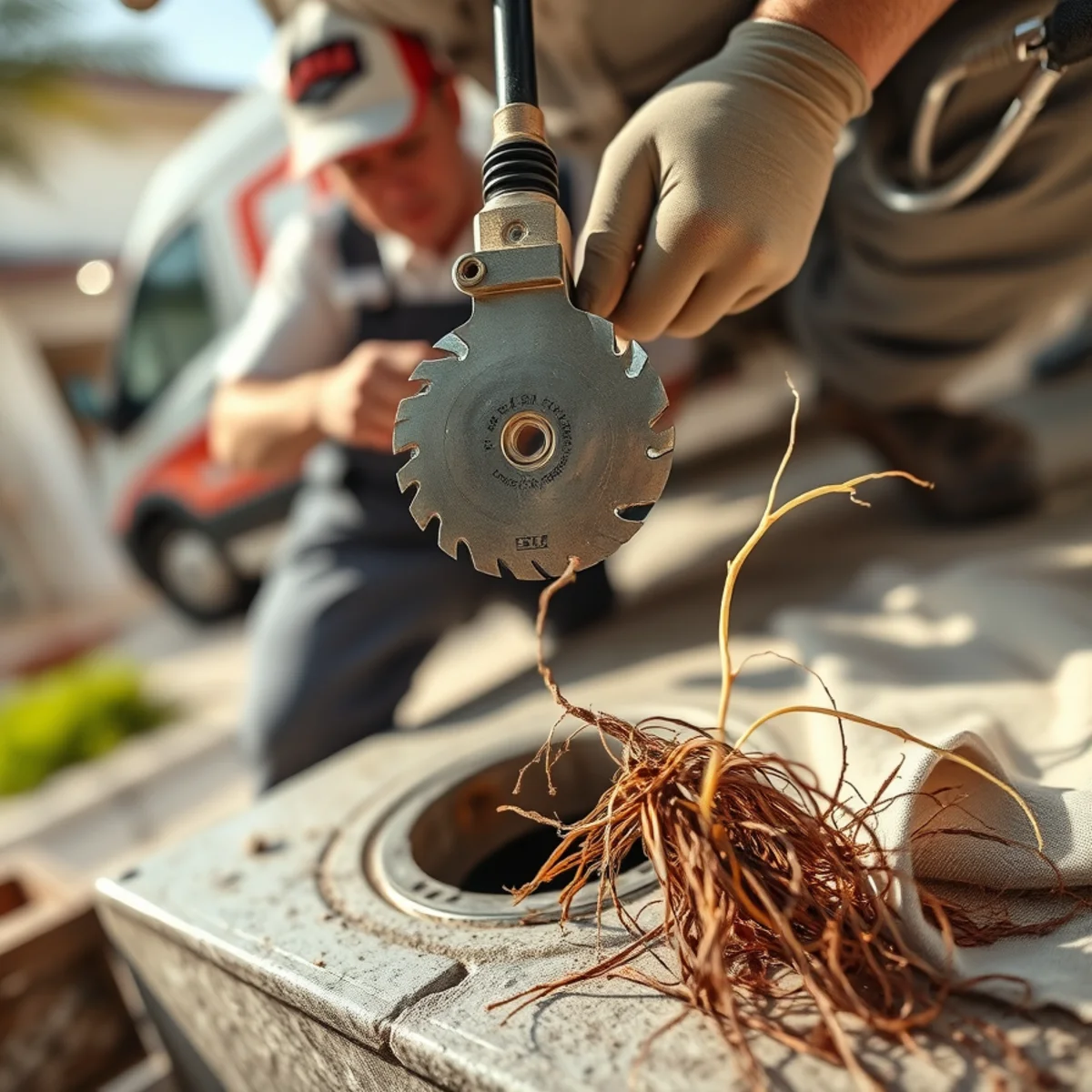 Tree Root Removal in Sewer Lines in progress on a Boca Raton, FL property